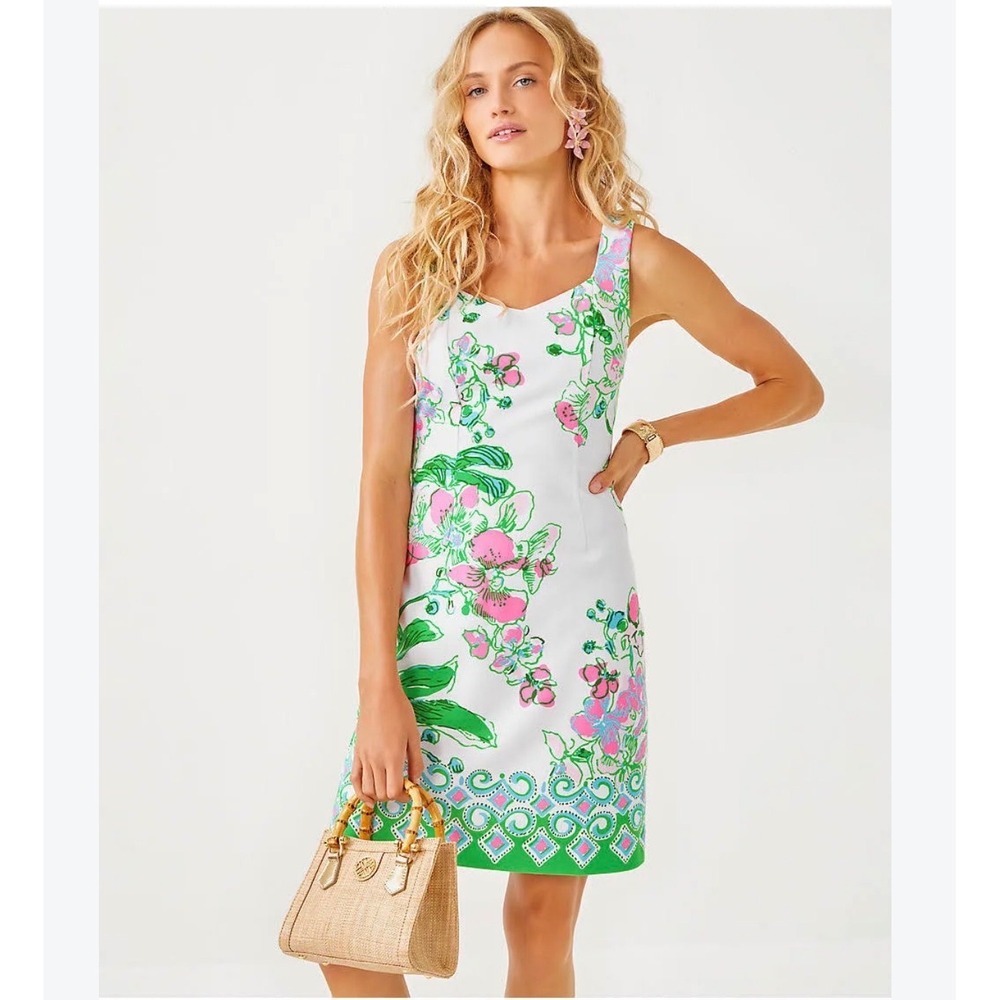Lilly Pulitzer Mila Shift Dress Mermaid Grotto Pink Green Floral Pique NWOT